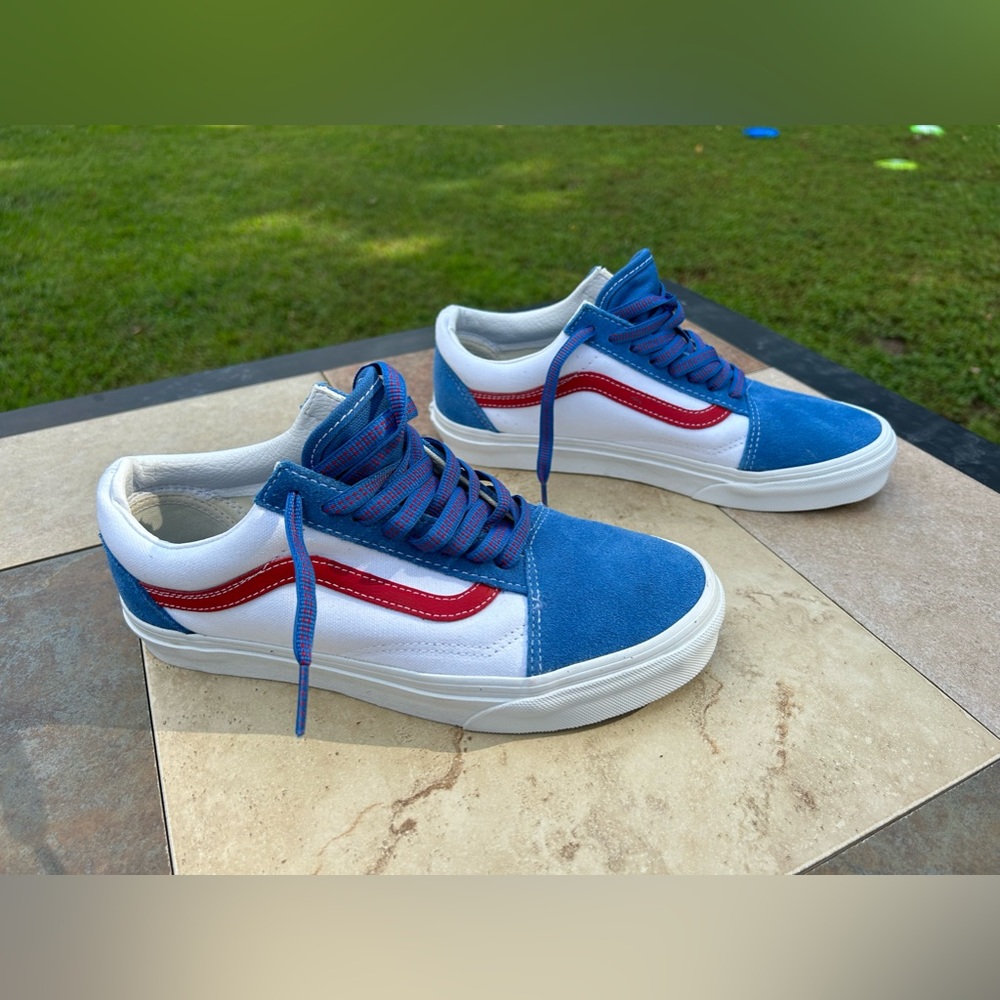 Old Skool Vans- Brand New no tags - Red, White & Blue Suede Size 8 women’s!